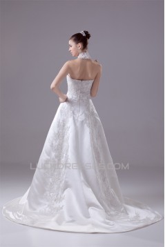 A-Line High-Neck Satin Lace Wedding Dresses 2030175