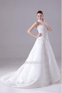 A-Line High-Neck Satin Lace Wedding Dresses 2030175