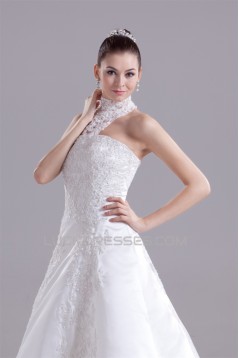 A-Line High-Neck Satin Lace Wedding Dresses 2030175