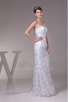 Lace Silk like Satin Sheath/Column Sleeveless Wedding Dresses 2030186