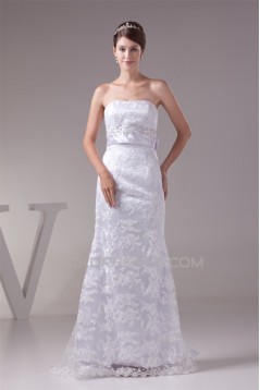 Lace Silk like Satin Sheath/Column Sleeveless Wedding Dresses 2030186
