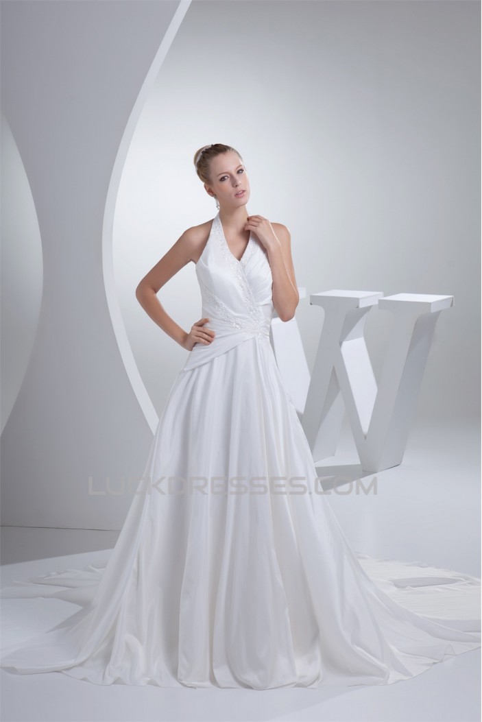 A-Line Taffeta Beaded Halter Wedding Dresses 2030193