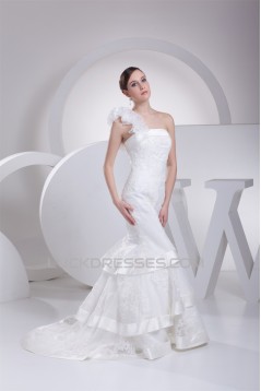 Mermaid/Trumpet Satin Organza One-Shoulder Lace Wedding Dresses 2030205