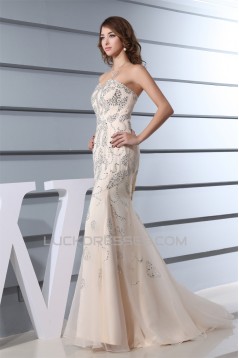 Mermaid/Trumpet Strapless Sleeveless Beaded Sequins Satin Organza Wedding Dresses 2030215