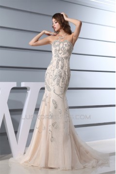 Mermaid/Trumpet Strapless Sleeveless Beaded Sequins Satin Organza Wedding Dresses 2030215