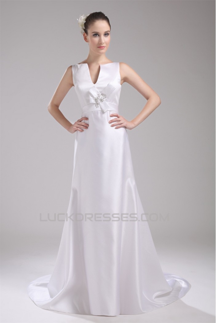 New Design V-Neck Sleeveless Sheath/Column Satin Sweet Wedding Dresses 2030226