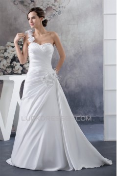A-Line One-Shoulder Satin Sleeveless Sweetheart Wedding Dresses 2030227