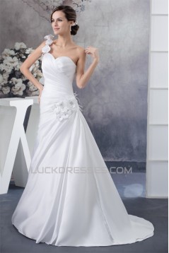 A-Line One-Shoulder Satin Sleeveless Sweetheart Wedding Dresses 2030227