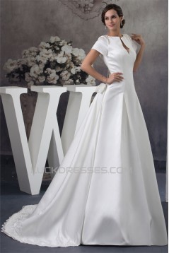 New Style Portrait A-Line Satin Short Sleeve Lace Wedding Dresses 2030231