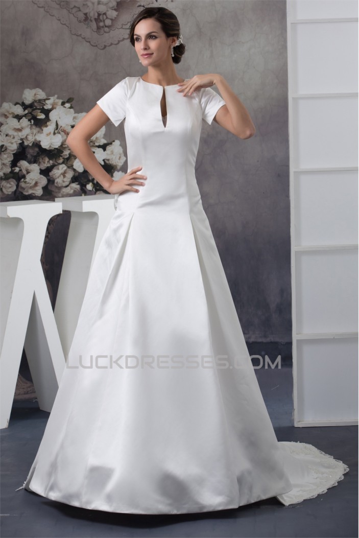 New Style Portrait A-Line Satin Short Sleeve Lace Wedding Dresses 2030231
