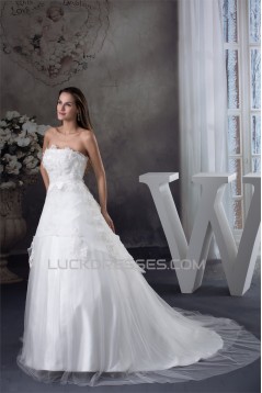 A-Line Satin Organza Scoop Sleeveless Lace Sweet Wedding Dresses 2030234