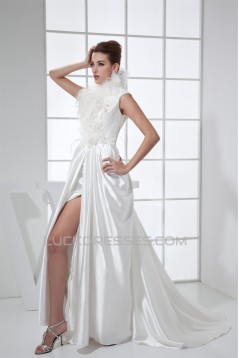 Organza Elastic Woven Satin Sleeveless High-Neck Wedding Dresses 2030248