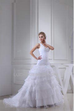 Princess Sleeveless One-Shoulder Satin Organza Beaded Wedding Dresses 2030253