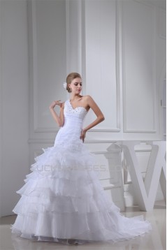 Princess Sleeveless One-Shoulder Satin Organza Beaded Wedding Dresses 2030253