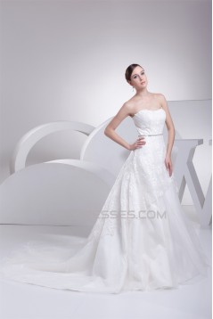 Satin Fine Netting Sleeveless A-Line Strapless New Arrival Lace Wedding Dresses 2030268