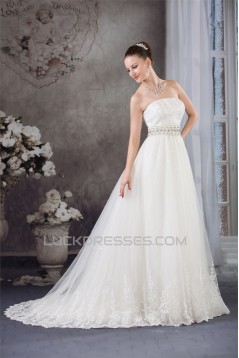 A-Line Strapless Satin Fine Netting Sleeveless Beaded Lace Wedding Dresses 2030269