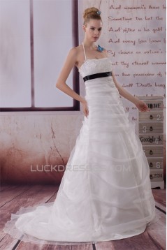 A-Line Halter Beaded Satin Lace Organza Wedding Dresses 2030280