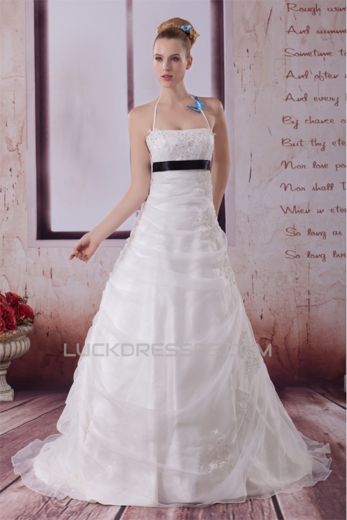 A-Line Halter Beaded Satin Lace Organza Wedding Dresses 2030280