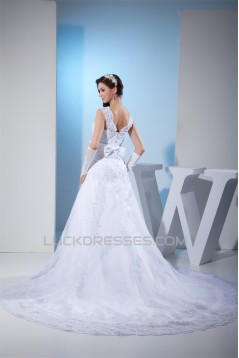 A-Line Beaded Satin Lace Organza Chapel Train Chapel Train Wedding Dresses 2030284
