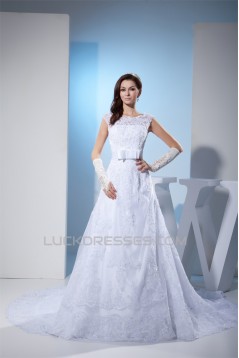 A-Line Beaded Satin Lace Organza Chapel Train Chapel Train Wedding Dresses 2030284