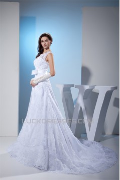 A-Line Beaded Satin Lace Organza Chapel Train Chapel Train Wedding Dresses 2030284