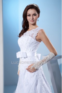 A-Line Beaded Satin Lace Organza Chapel Train Chapel Train Wedding Dresses 2030284