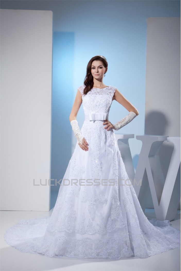 A-Line Beaded Satin Lace Organza Chapel Train Chapel Train Wedding Dresses 2030284