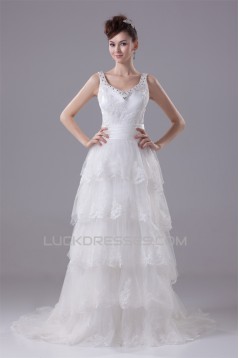 A-Line Sleeveless Scoop Satin Lace Wedding Dresses 2030314