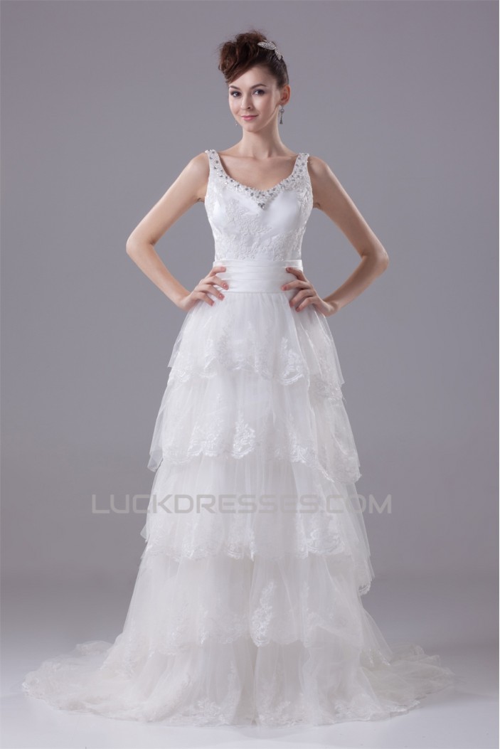 A-Line Sleeveless Scoop Satin Lace Wedding Dresses 2030314