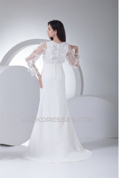 Sheath/Column Chiffon Satin Lace Long Sleeve Front Split Wedding Dresses 2030318