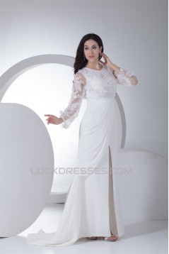 Sheath/Column Chiffon Satin Lace Long Sleeve Front Split Wedding Dresses 2030318