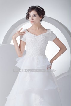 A-Line Satin Organza Straps Short Sleeve Lace Wedding Dresses 2030324