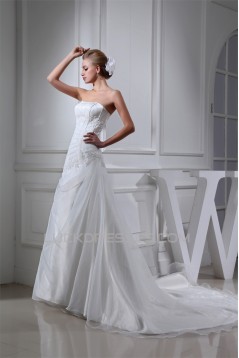 A-Line Strapless Satin Lace Organza Sweet Wedding Dresses 2030331