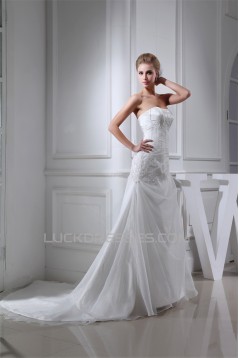 A-Line Strapless Satin Lace Organza Sweet Wedding Dresses 2030331