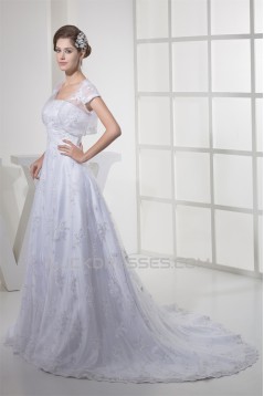 A-Line Strapless Satin Lace Fine Netting Short Sleeve Wedding Dresses 2030339