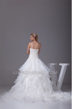 A-Line Satin Organza Lace Sleeveless Strapless Chapel Train Wedding Dresses 2030350