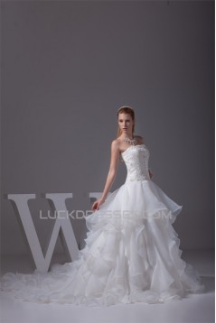 A-Line Satin Organza Lace Sleeveless Strapless Chapel Train Wedding Dresses 2030350