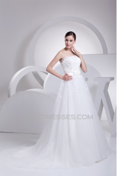 Sleeveless A-Line Strapless Satin Organza Fine Netting Sweet Wedding Dresses 2030354