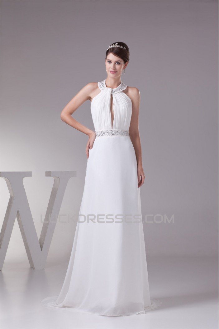 A-Line Chiffon Silk like Satin Halter Beaded Sweet Wedding Dresses 2030363
