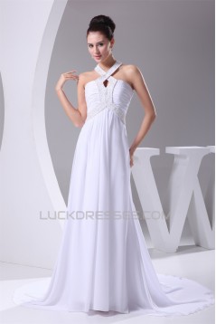 A-Line Chiffon Silk like Satin Halter Beaded Sweet Wedding Dresses 2030364