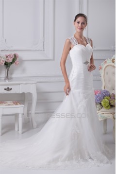Sleeveless Satin Fine Netting A-Line Straps Lace Wedding Dresses 2030384