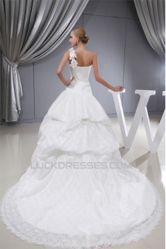 Ball Gown One-Shoulder Sleeveless Satin Lace Fine Netting Wedding Dresses 2030387