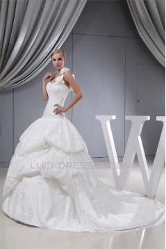 Ball Gown One-Shoulder Sleeveless Satin Lace Fine Netting Wedding Dresses 2030387