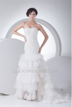 Trumpet/Mermaid Sleeveless Satin Lace Fine Netting Strapless Wedding Dresses 2030388