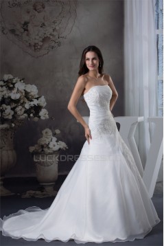 A-Line Strapless Sleeveless Satin Lace Organza Wedding Dresses 2030389