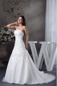 A-Line Strapless Sleeveless Satin Lace Organza Wedding Dresses 2030389