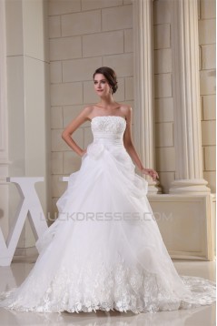 A-Line Strapless Sleeveless Satin Lace Organza Wedding Dresses 2030390