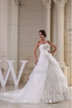 A-Line Strapless Sleeveless Satin Lace Organza Wedding Dresses 2030390