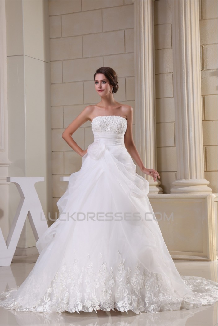 A-Line Strapless Sleeveless Satin Lace Organza Wedding Dresses 2030390