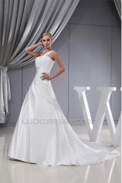 A-Line Satin Lace Organza One-Shoulder Wedding Dresses 2030392